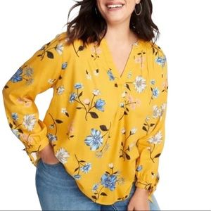 OLD NAVY YELLOW FLORAL PEASANT PLEATED RELAXED FIT KNOT SLEEVES DESIGN BLOUSE
